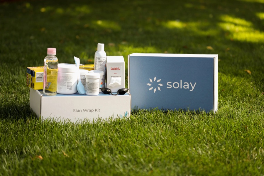 The Solay treatment kit: an open box with topicals and treatment materials